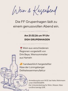🍷🧀 Wein & Käseabend mit der Freiwilligen Feuerwehr Grupenhagen 🧀🍷

Ein Abend für Genießer, für gute Gespräche und besondere Geschmacksmomente.
Dirk Beye @kleinerrattenfaenger nimmt euch mit auf eine kleine Weinreise – und wir begleiten das Ganze mit unserem handwerklichen Käsegenuss vom Hof.

Ein paar Plätze sind noch frei!
Die Teilnehmerzahl ist begrenzt – wer Lust auf einen genussvollen Abend in schöner Runde hat, sollte sich jetzt schnell anmelden.

Wir freuen uns auf euch! ✨#weinreise #käsegenuss #lueningsbergerdelikatessenmanufaktur #käserinofinsta #käsehandwerk