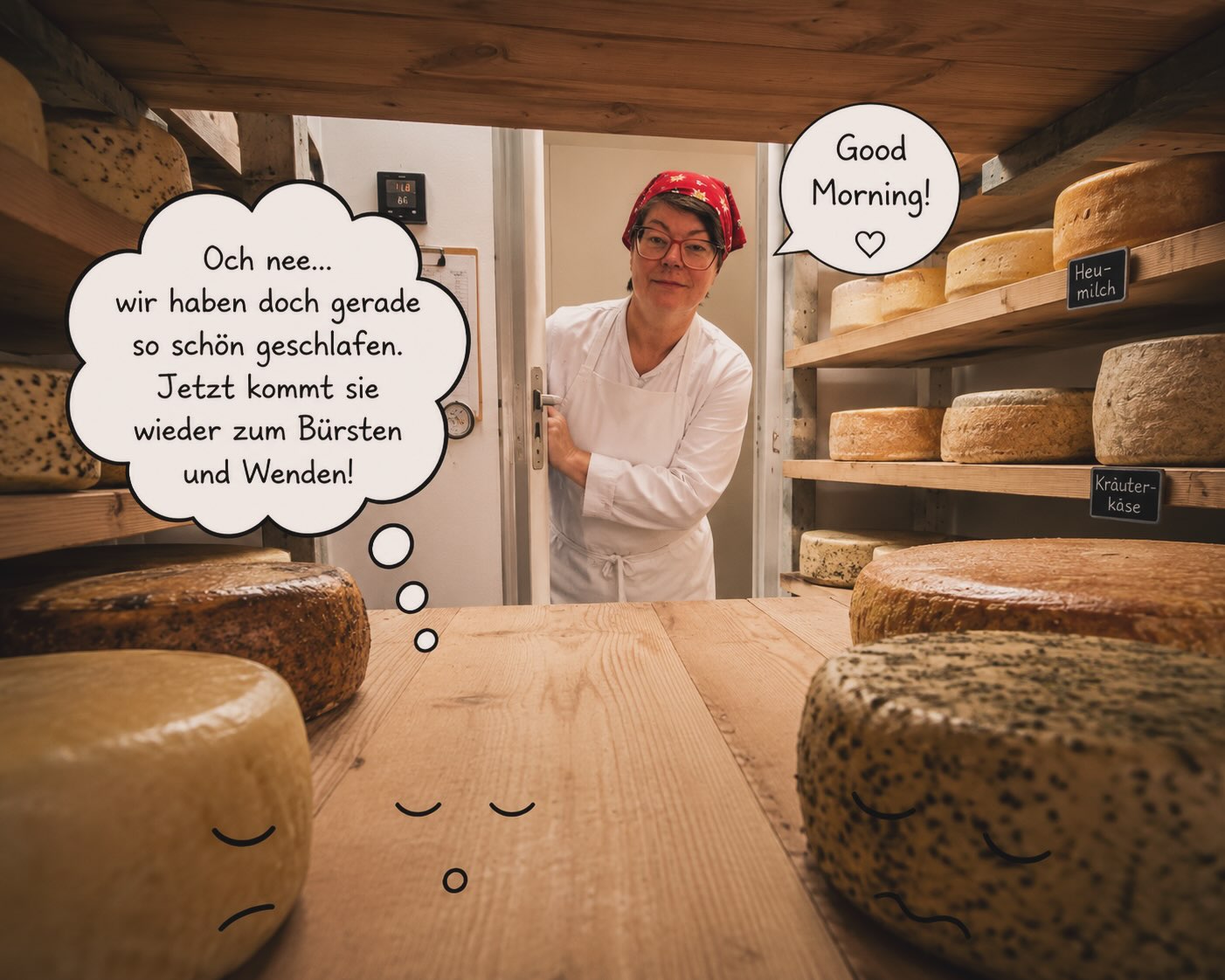 Jeden Morgen: Tür auf. „Good Morning!“ ☀️🧀
Meine Käse denken wahrscheinlich:
„Die ist schon wieder da… Jetzt werden wir gedreht, gebürstet und geschniegelt.“
Aber was soll ich machen?
Wer monatelang zusammen reift, der entwickelt eben eine Beziehung. ❤️😂 #käserinofinsta #reiferaum #käsehandwerk #lueningsbergerdelikatessenmanufaktur #rohmilchkäse